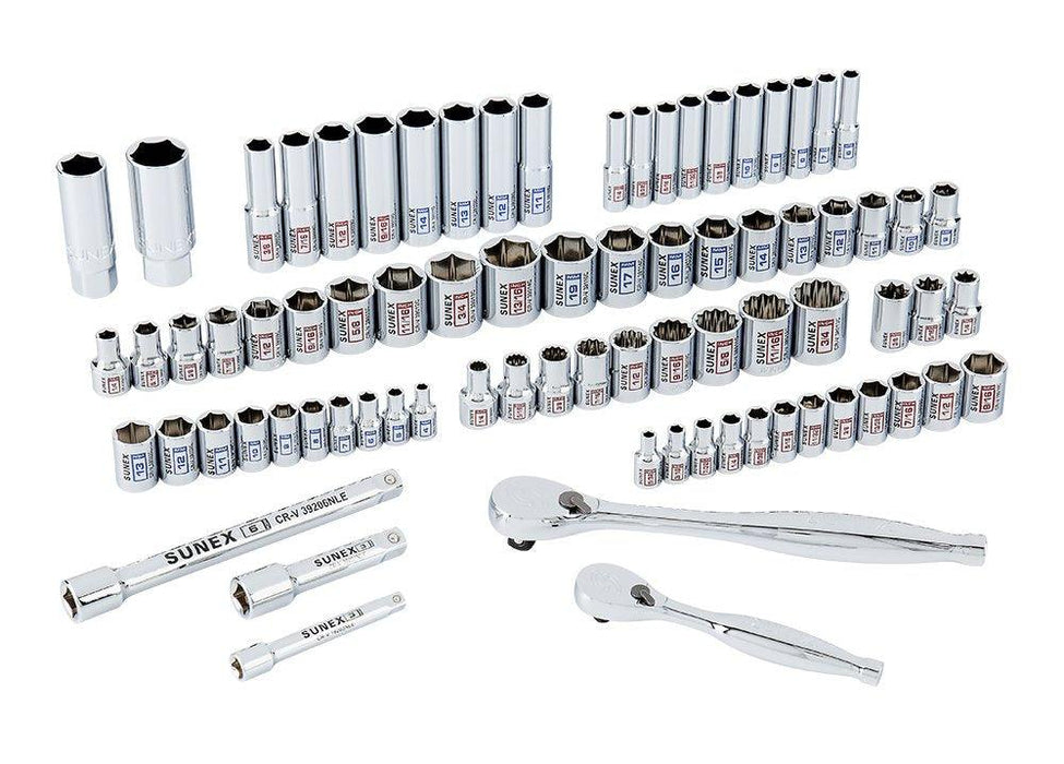 Sunex 3879 1/4" & 1/2" Drive Master Chrome Socket Set, SAE/Metric, 6 Pt., 8 Pt., 12 Pt., 5/32" – 3/4", 4mm – 19mm, 79Piece