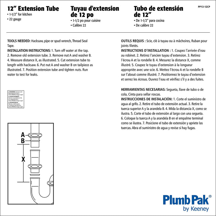 Plumb Pak PP13-12CP Extension Tube, 1-1/2 in Dia X 12 in L, Slip Joint, 22 Ga, Chrome Plated, Brass