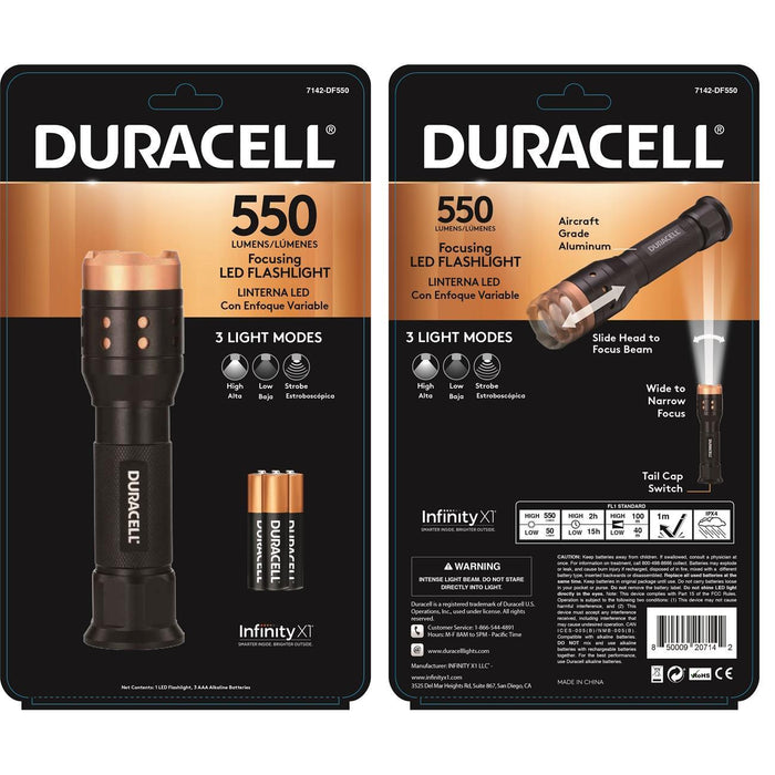 7142-DF550 Duracell Aluminum Focusing LED Flashlight, 550 Lumens, 4 Modes, 3-AAA