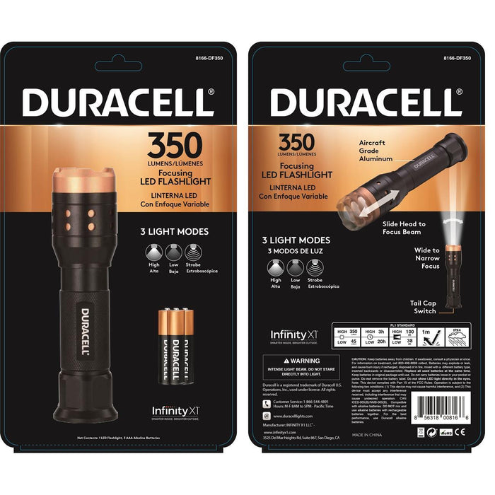 8166-DF350 Duracell Aluminum Focusing LED Flashlight, 350 Lumens, 4 Modes, 3-AAA