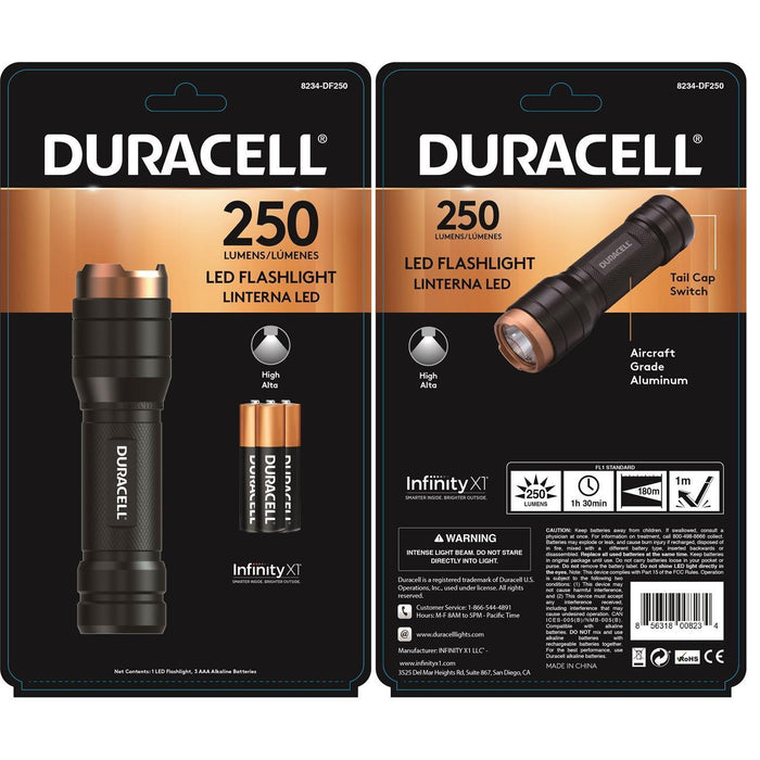 8234-DF250 Duracell Aluminum LED Flashlight, 250 Lumens, 3 Modes, 3-AAA
