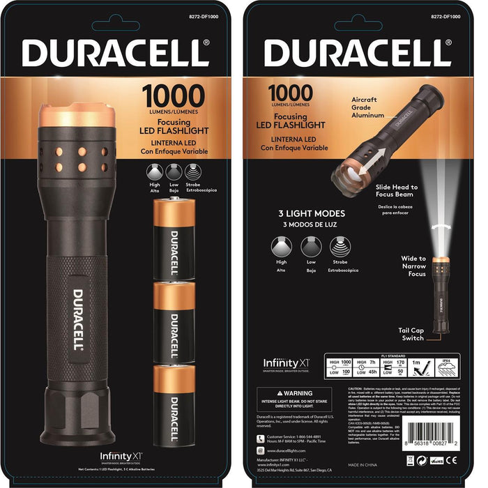8272-DF1000 Duracell Aluminum Focusing LED Flashlight, 1000 Lumens, 3 Modes, 3-C Batteries
